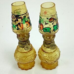Vtg Amber Glass Mini Oil Lamp Hand Painted Floral Grape Leaf Pattern Hong Kong 2